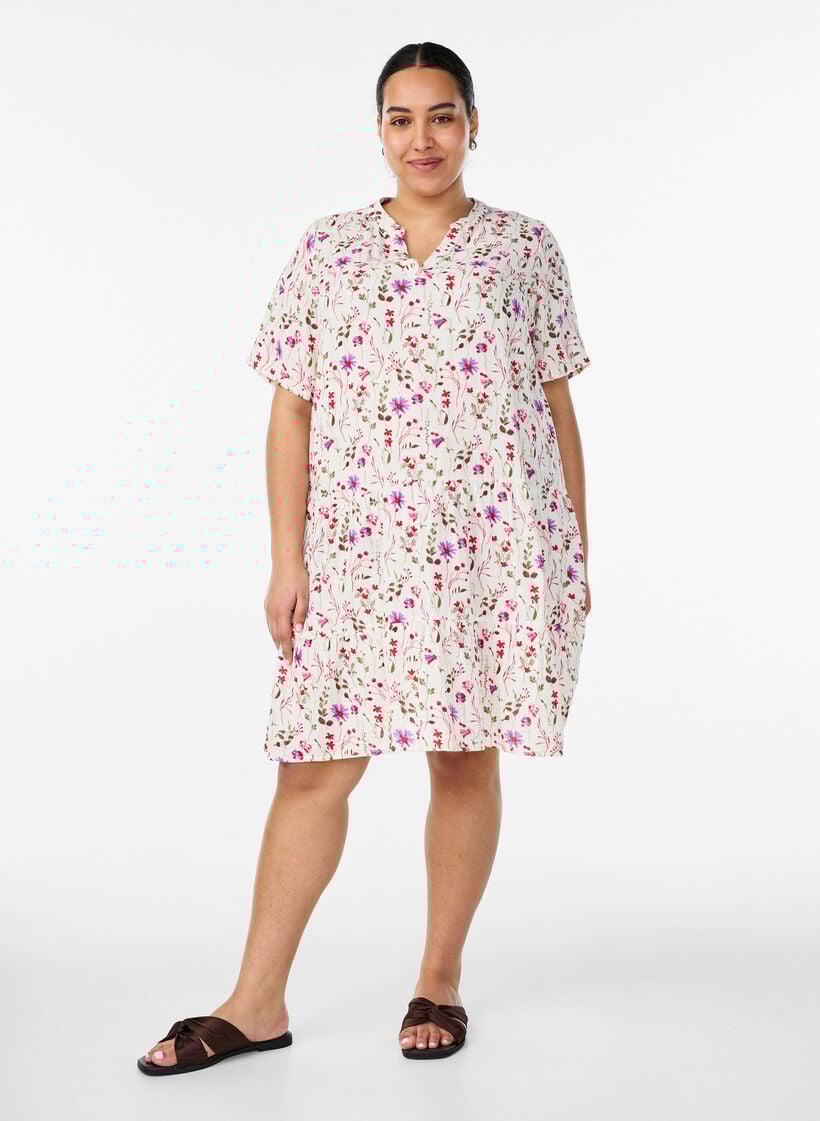 Lyhyt A-linjainen mekko puuvillamusliinista, Beige, Model image number 1