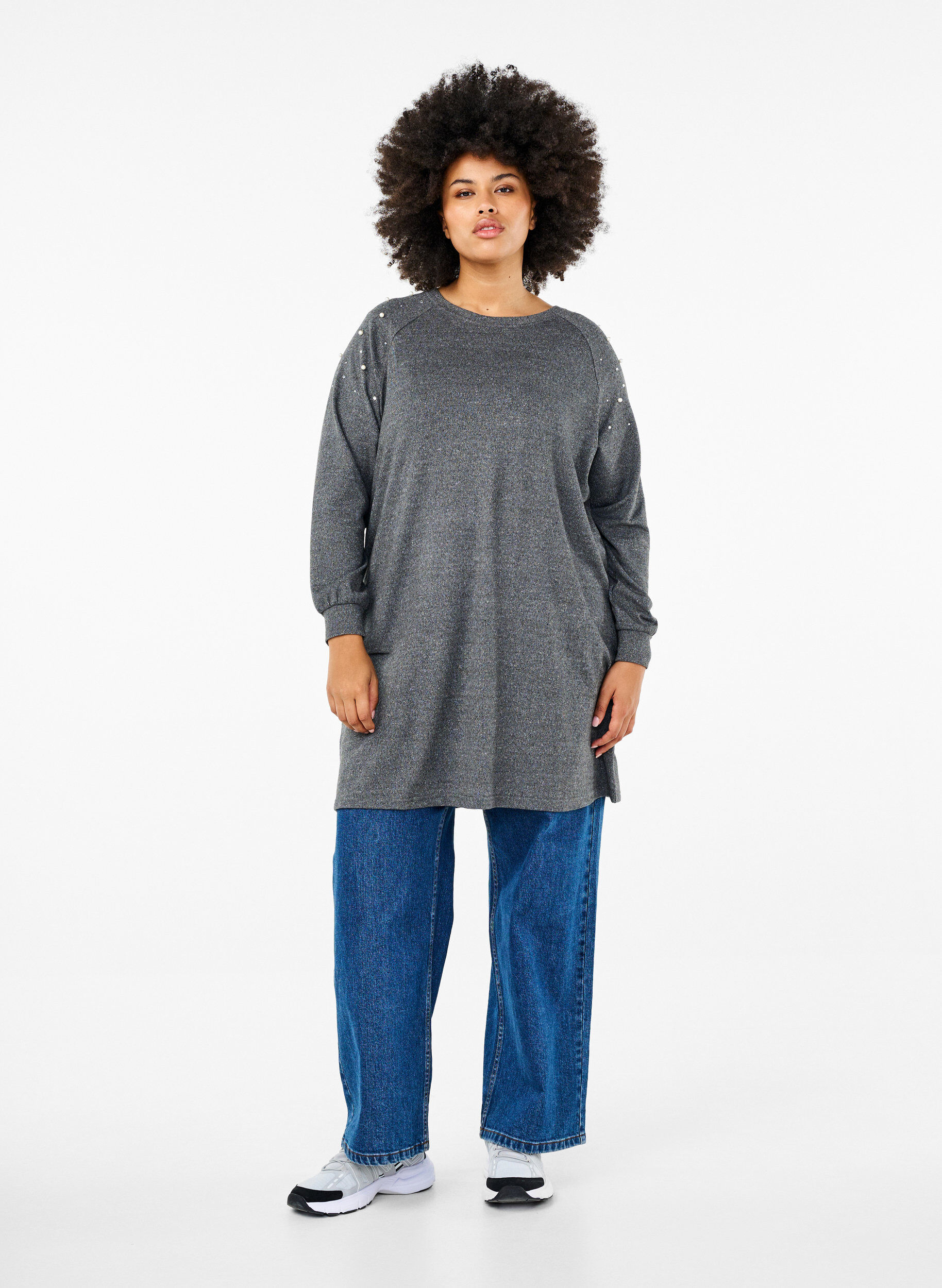 Zizzi Pitk&auml;hihainen mekko helmill&auml;, Harmaa, Model image number 1