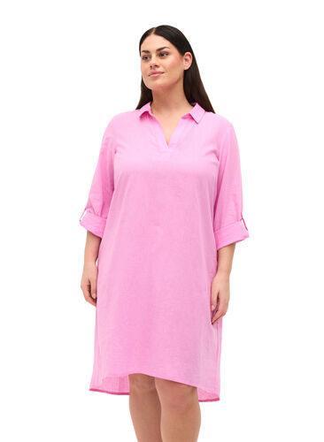 Puuvillasta ja pellavasta valmistettu raidallinen mekko, Begonia Pink, Model image number 0