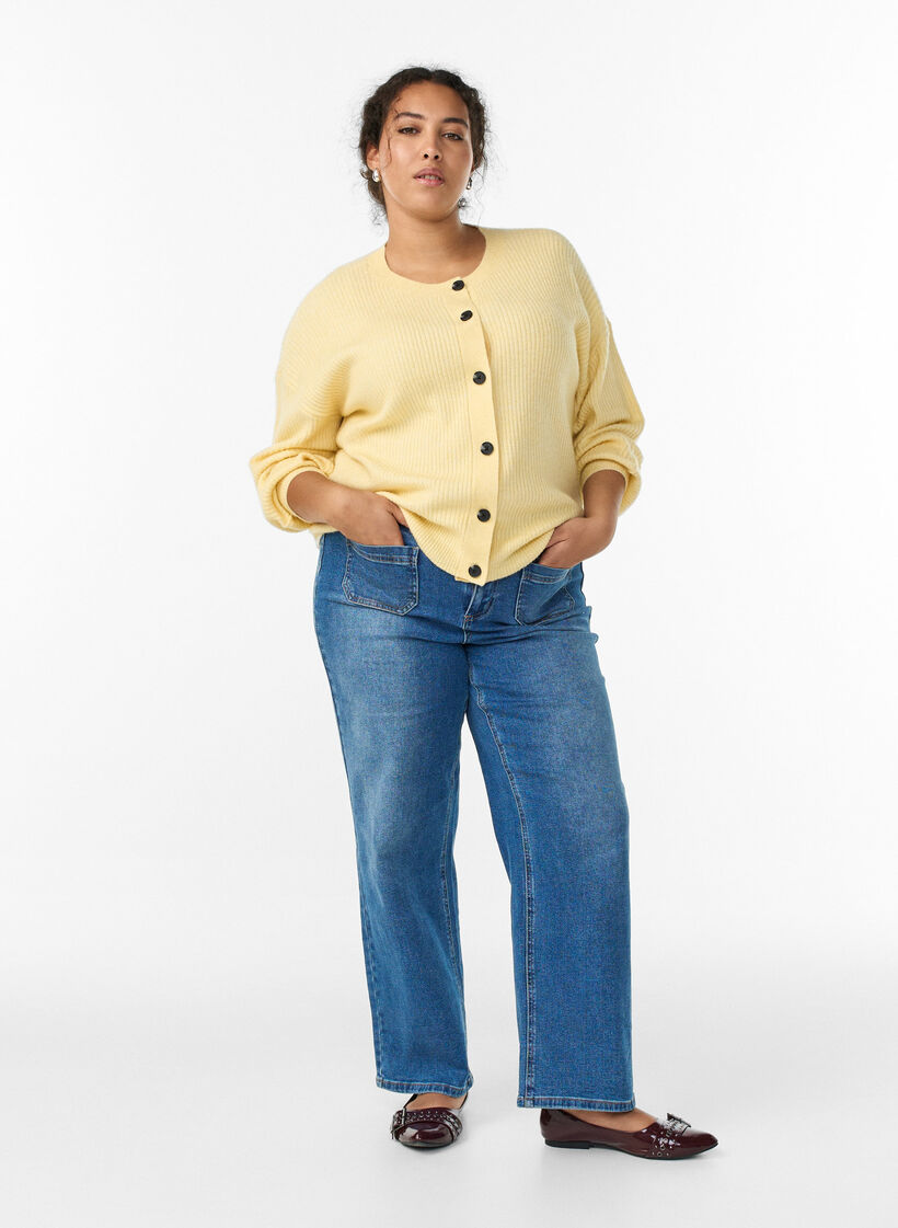 Ribbineuloksesta valmistettu neuletakki napeilla, Keltainen, Model