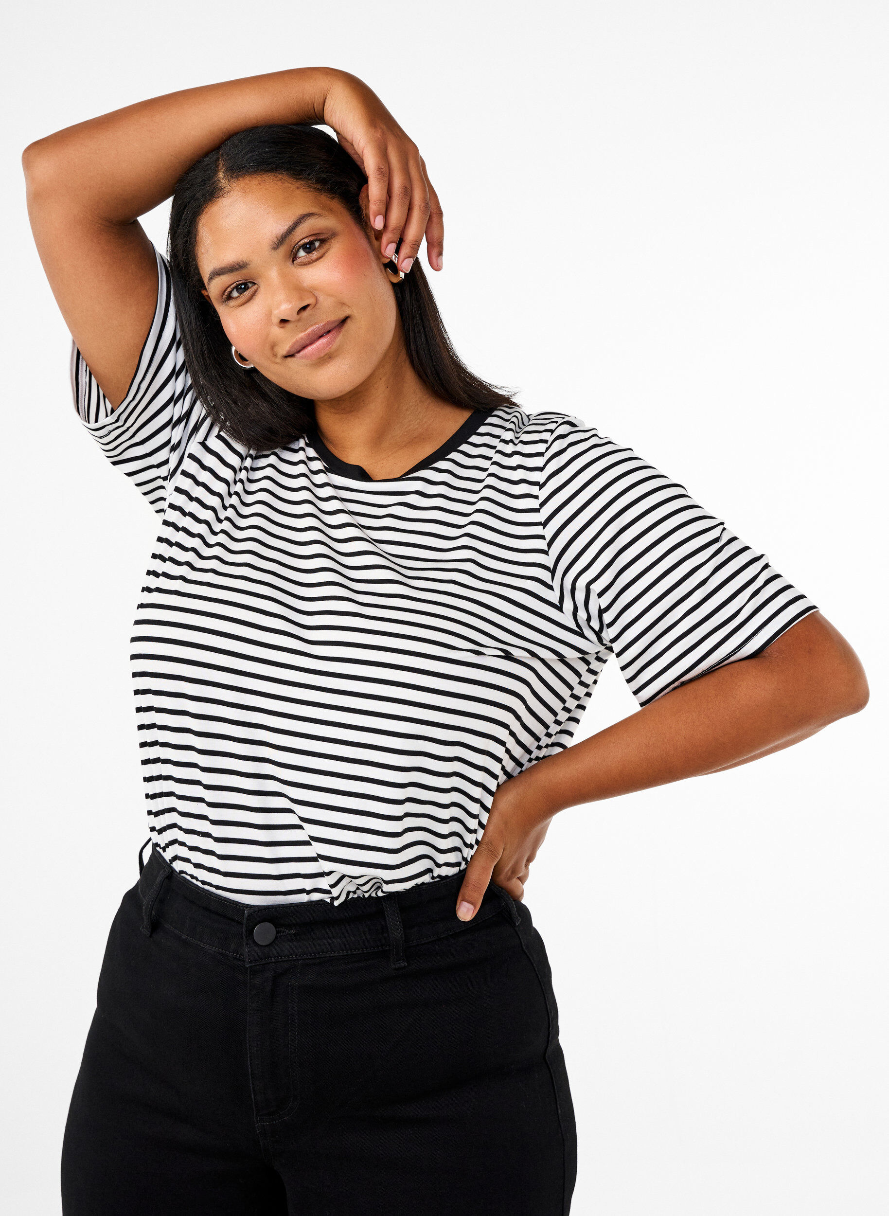 ZizziT-paita, jossa TENCEL&trade; Lyocell -kuitua ja raitakuosi, Valkoinen, Model image number 0