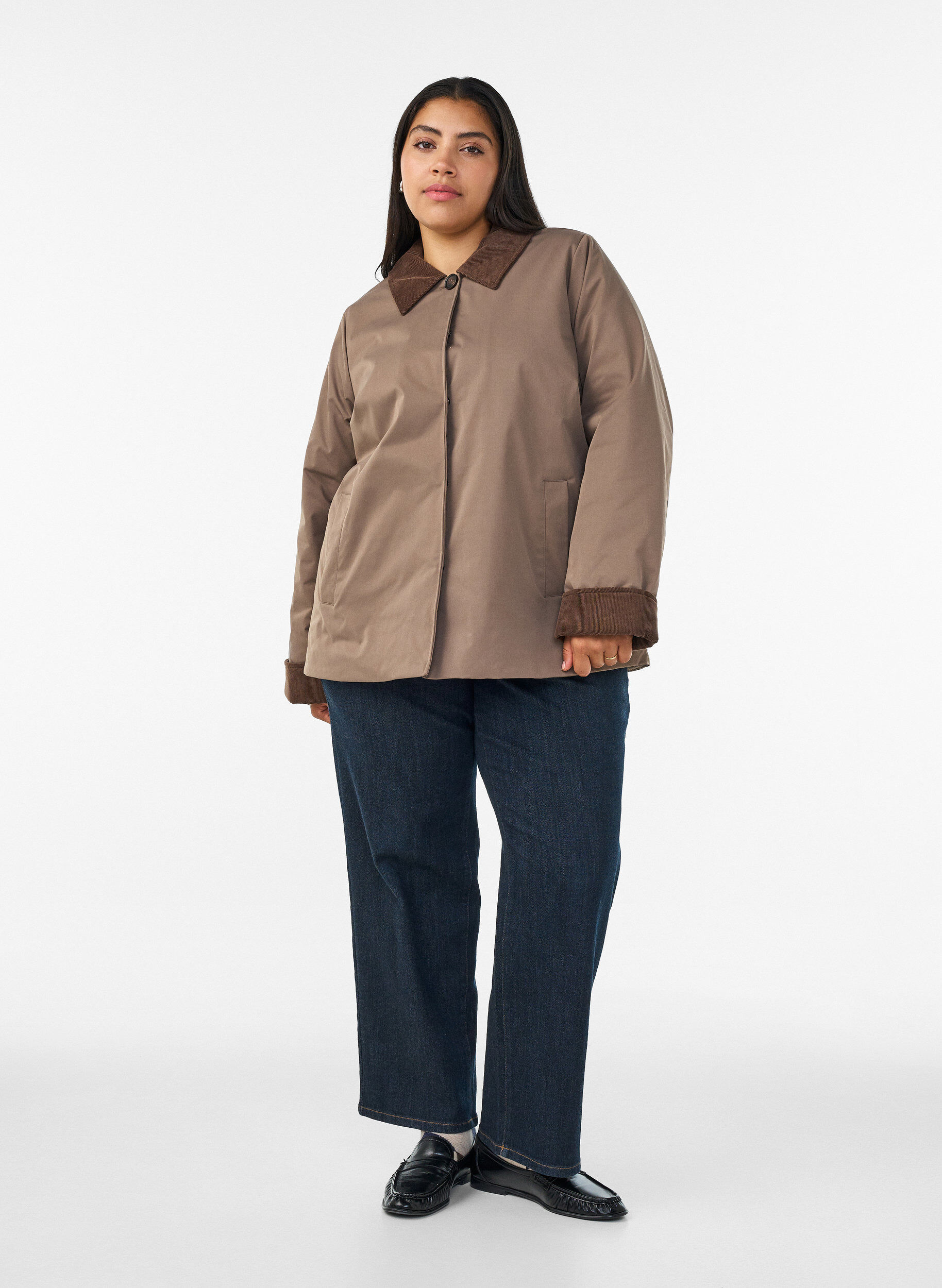ZizziKeve&auml;sti topattu takki samettikauluksella, Ruskea, Model image number 1