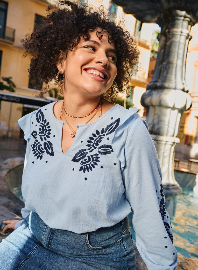 Kirjailtu puuvillapusero röyhelökoristeilla, Sininen, Image image number 0