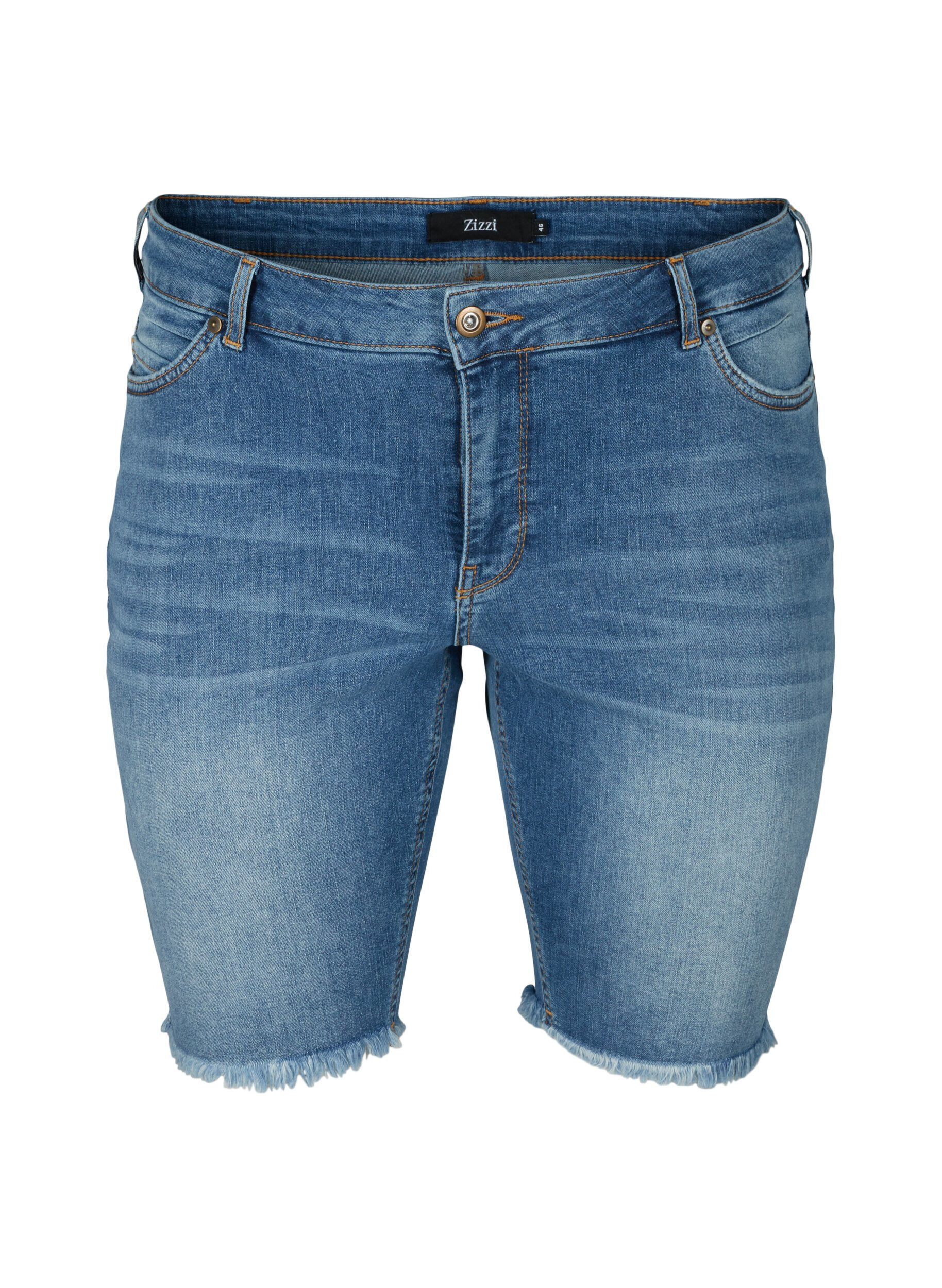 Zizzi Korkeavy&ouml;t&auml;r&ouml;iset farkkushortsit r&auml;v&auml;k&ouml;ill&auml; reunuksilla , Dark blue denim, Packshot image number 0