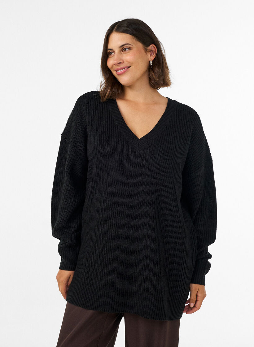 Pitk&auml; ribbineulepusero V-p&auml;&auml;ntiell&auml;, Musta, Model image number 0