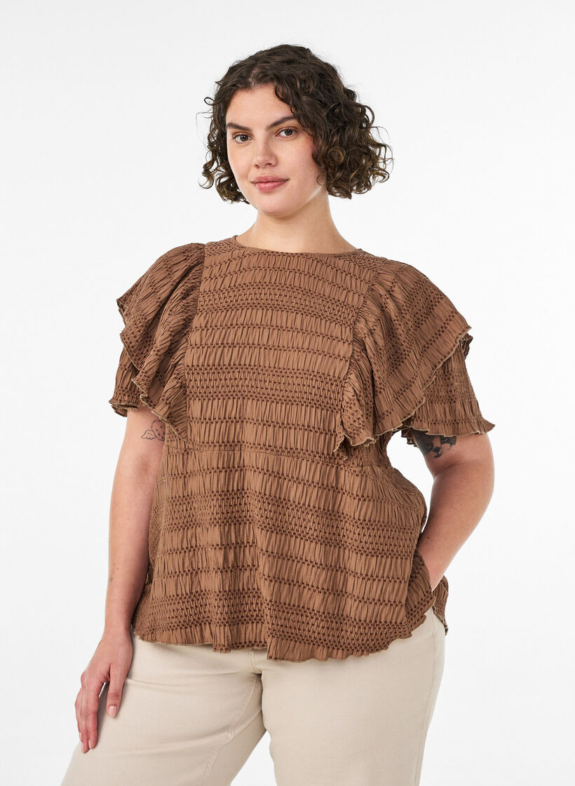 Pusero smock-tekstuurilla ja r&ouml;yhel&ouml;hihoilla, Ruskea, Model image number 0