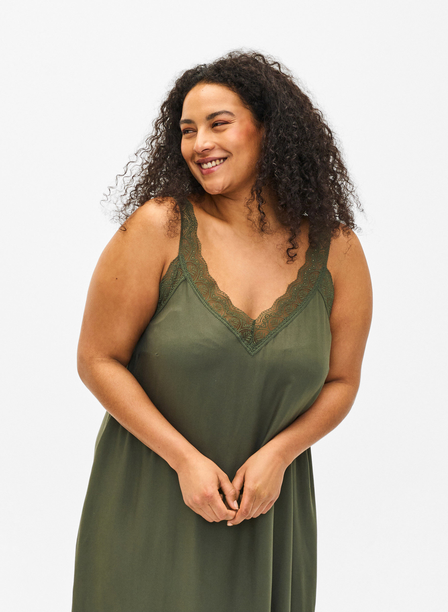 Zizzi Midi-pituinen olkainmekko viskoosista ja pitsist&auml;, Thyme, Model image number 2