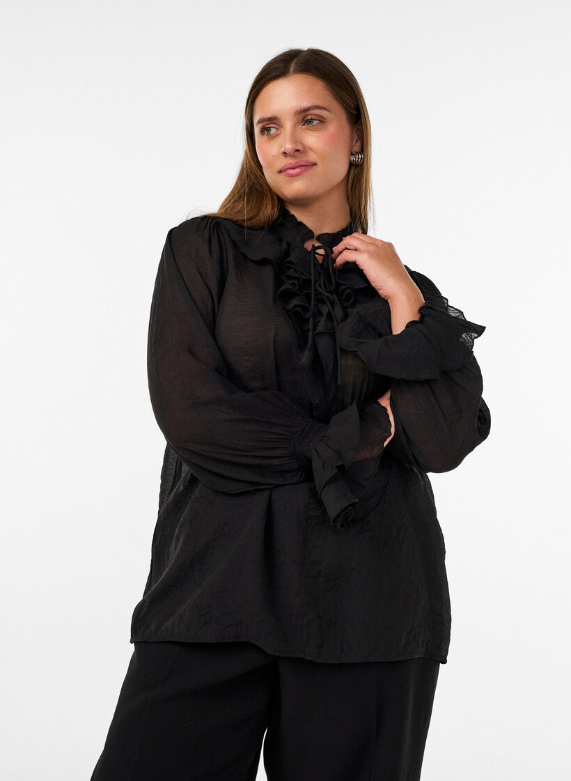 Viskoosipusero r&ouml;yhel&ouml;ill&auml; ja pitkill&auml; hihoilla, Musta, Model image number 0