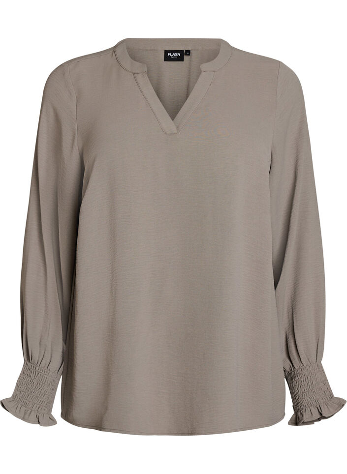Pusero smock-kalvosimilla ja v-p&auml;&auml;ntiell&auml;, Beige, Packshot image number 0