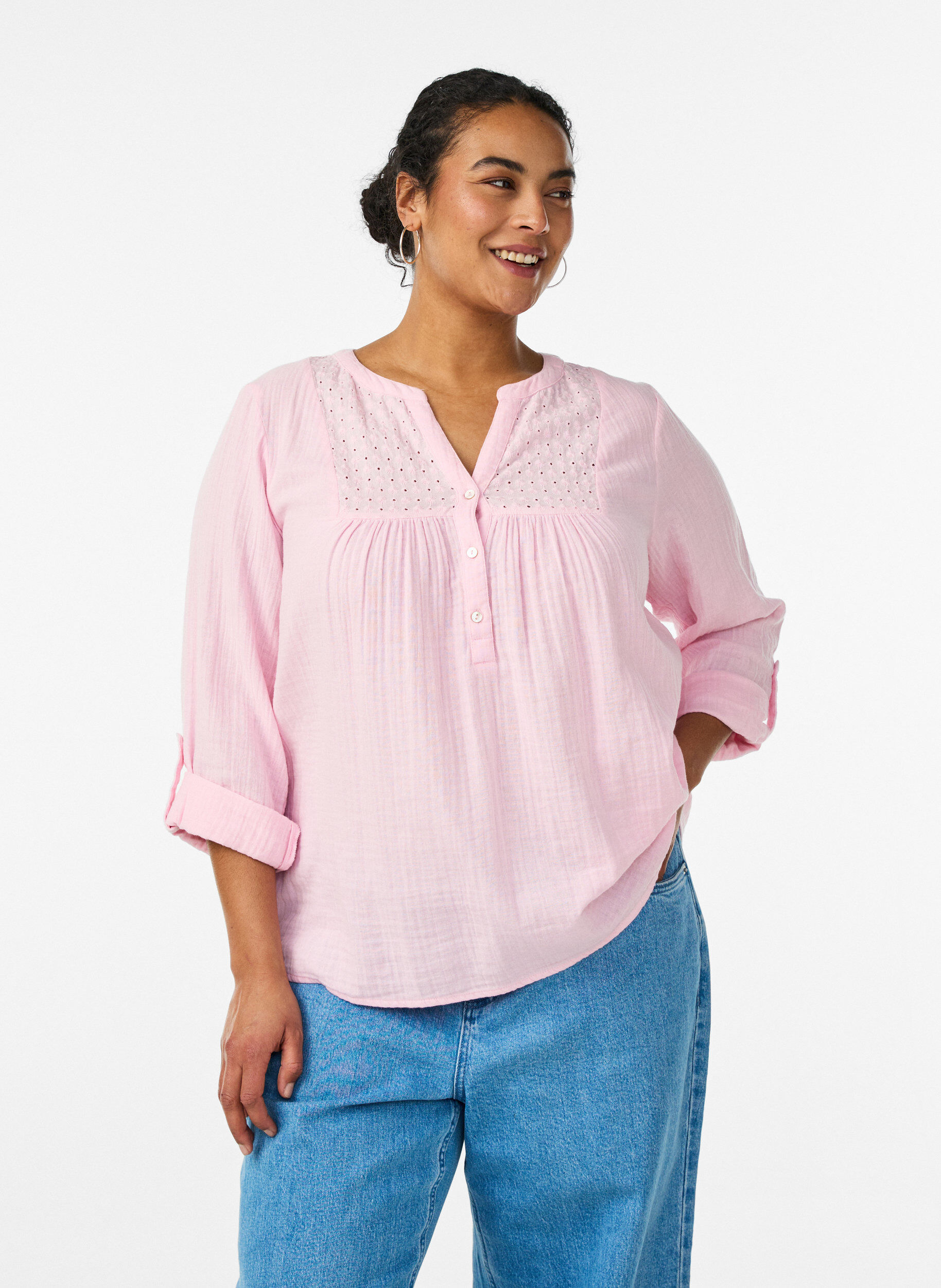ZizziPaita puuvillamusliinissa, jossa broderie anglaise -kirjailu, Vaaleanpunainen, Model image number 0