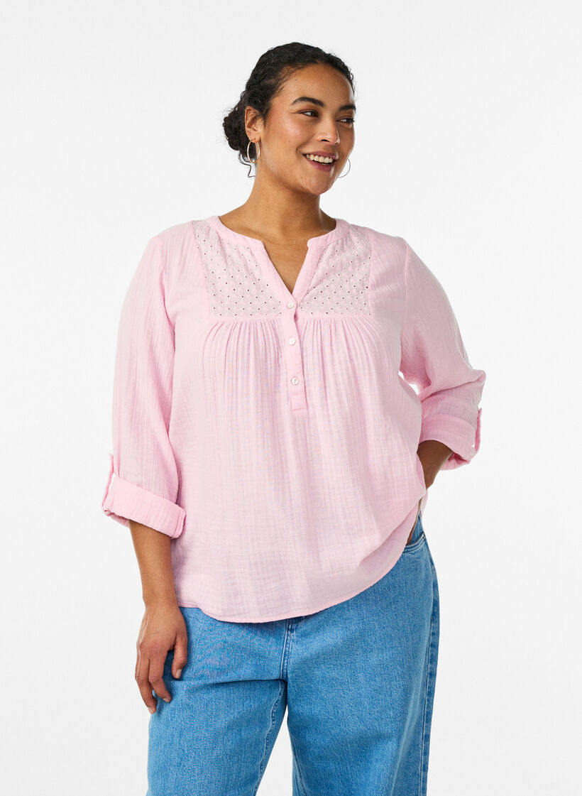 Paita puuvillamusliinissa, jossa broderie anglaise -kirjailu, Vaaleanpunainen, Model image number 0