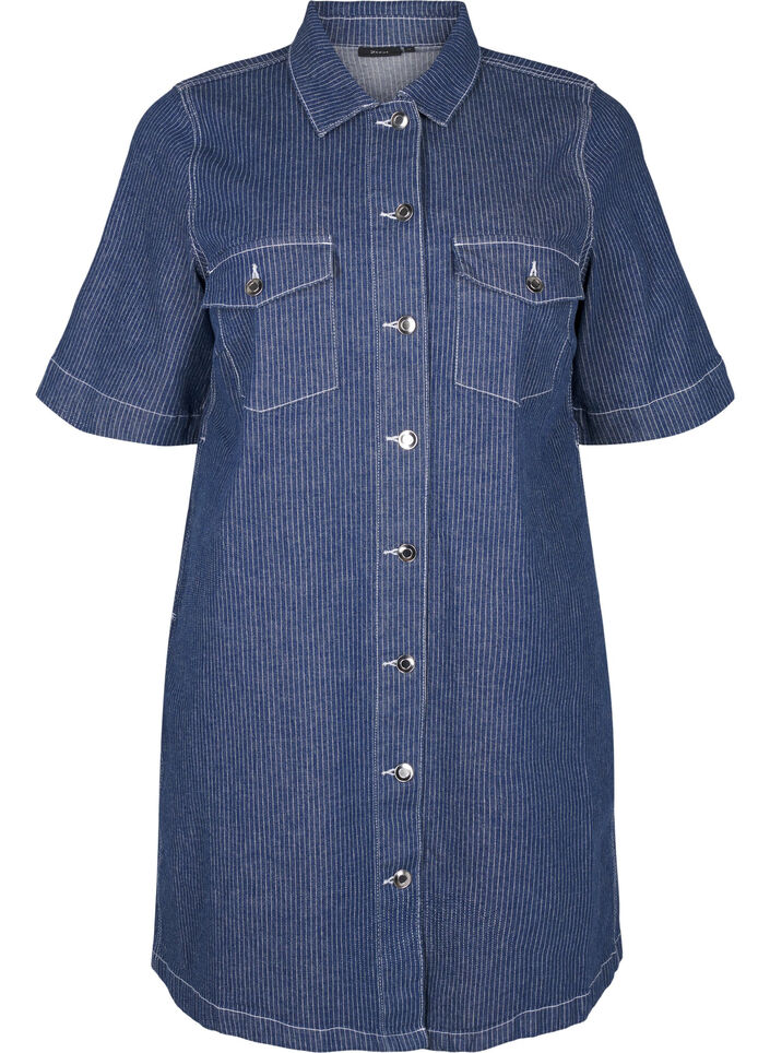 Liituraitainen farkkumekko, jossa on rintataskut, Blue Denim Stripe, Packshot image number 0