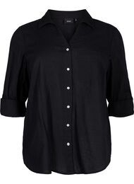 Puuvilla-pellavasekoitteinen paitapusero, jossa on napitus, Black
