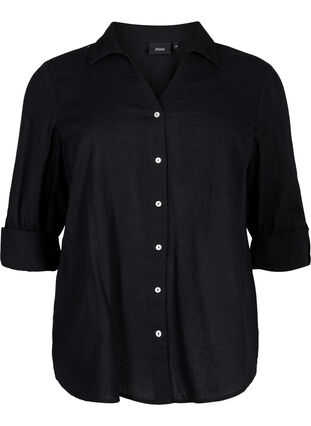 Puuvilla-pellavasekoitteinen paitapusero, jossa on napitus, Black, Packshot image number 0