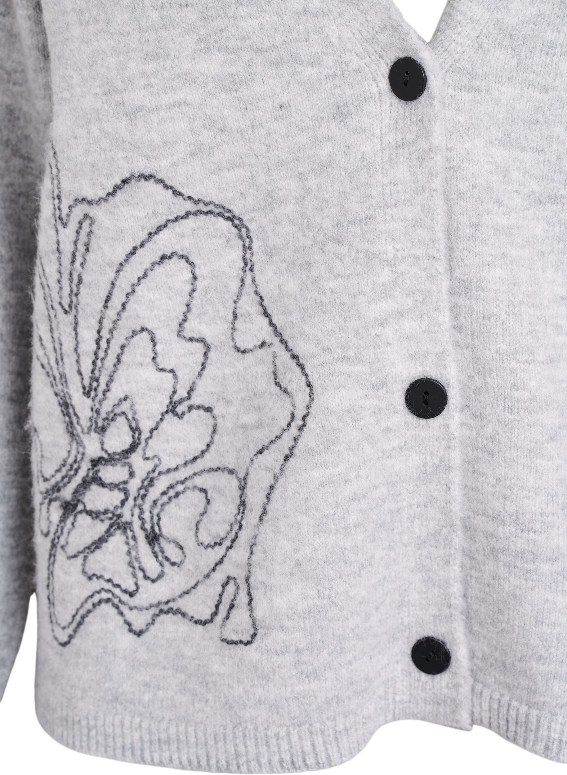 Zizzi Neuletakki V-p&auml;&auml;ntiell&auml; ja kirjailtuilla kukilla, Harmaa, Packshot image number 2