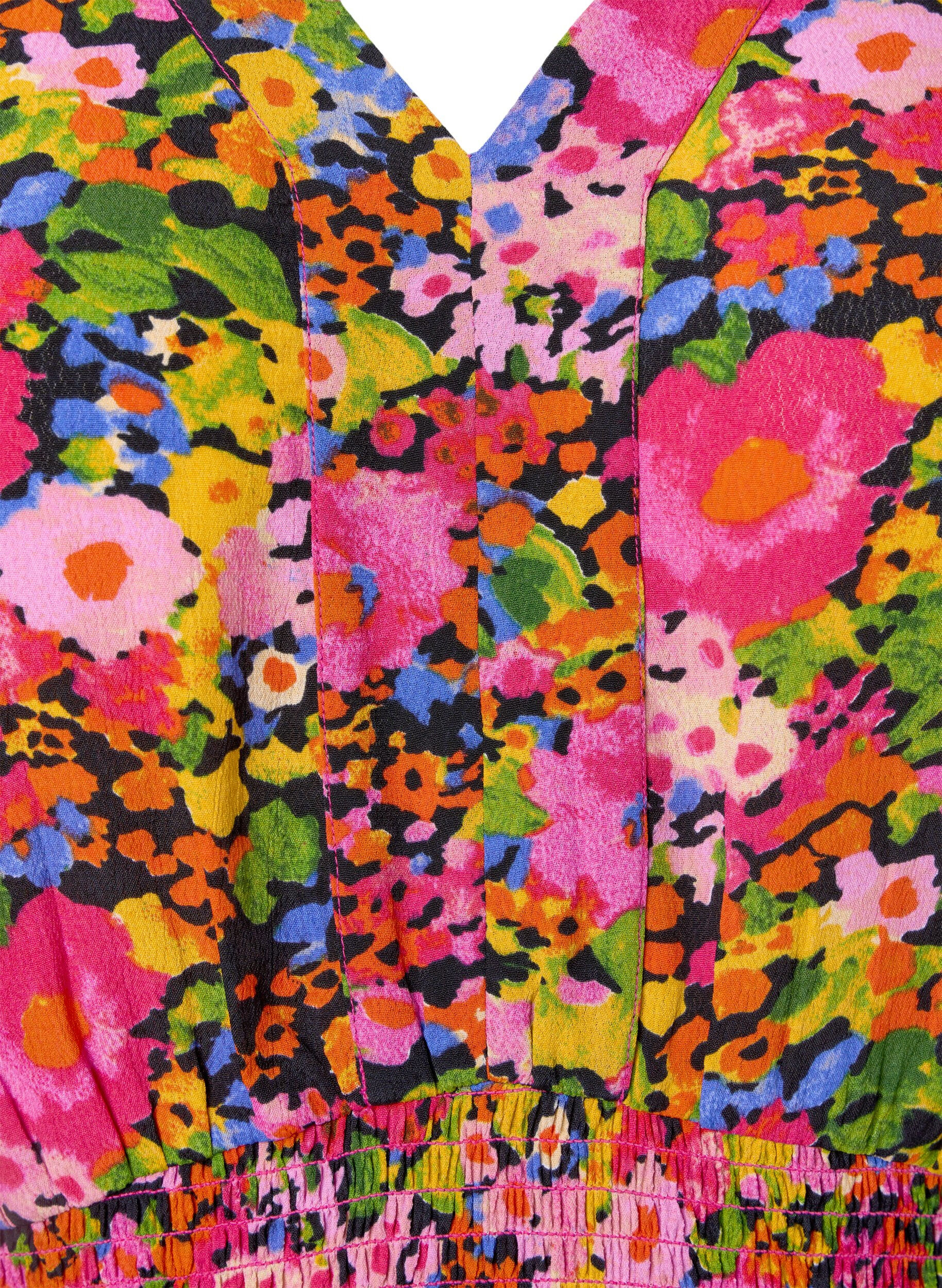 Zizzi Viskoosipusero kukkakuosilla ja smokkirypytyksell&auml;, Neon Flower Print, Packshot image number 2