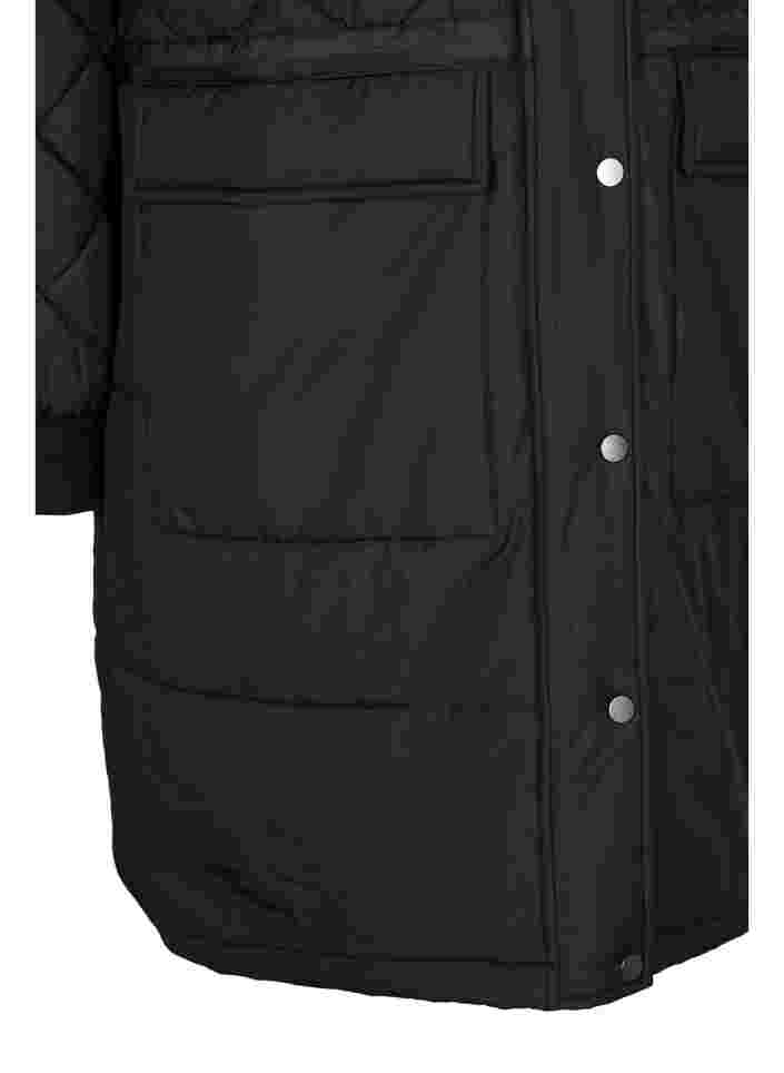 Tikattu takki hupulla ja säädettävällä vyötäröllä, Black, Packshot image number 3
