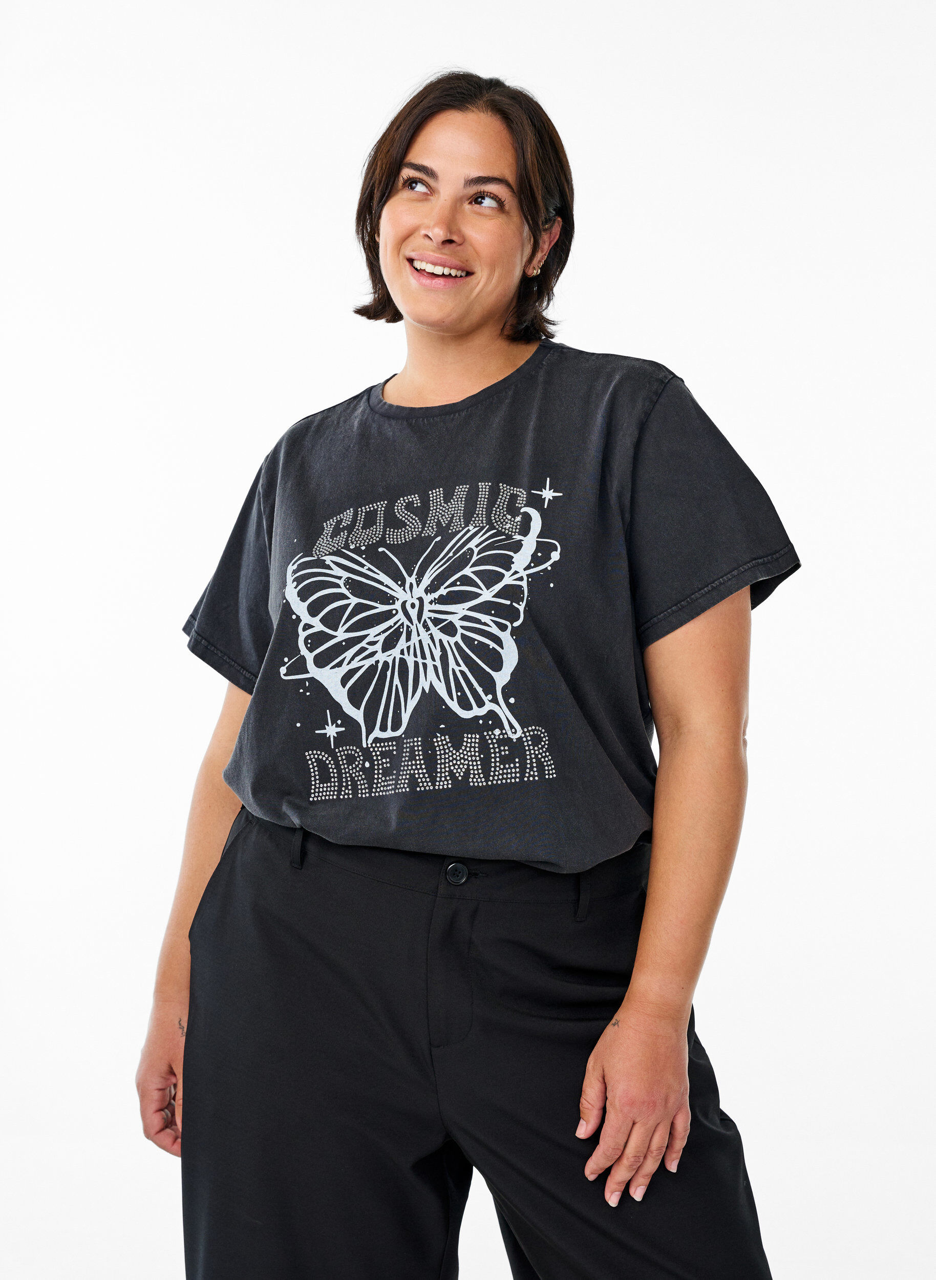 Luomupuuvillainen T-paita strassikivill&auml; ja perhoskuviolla, Harmaa, Model