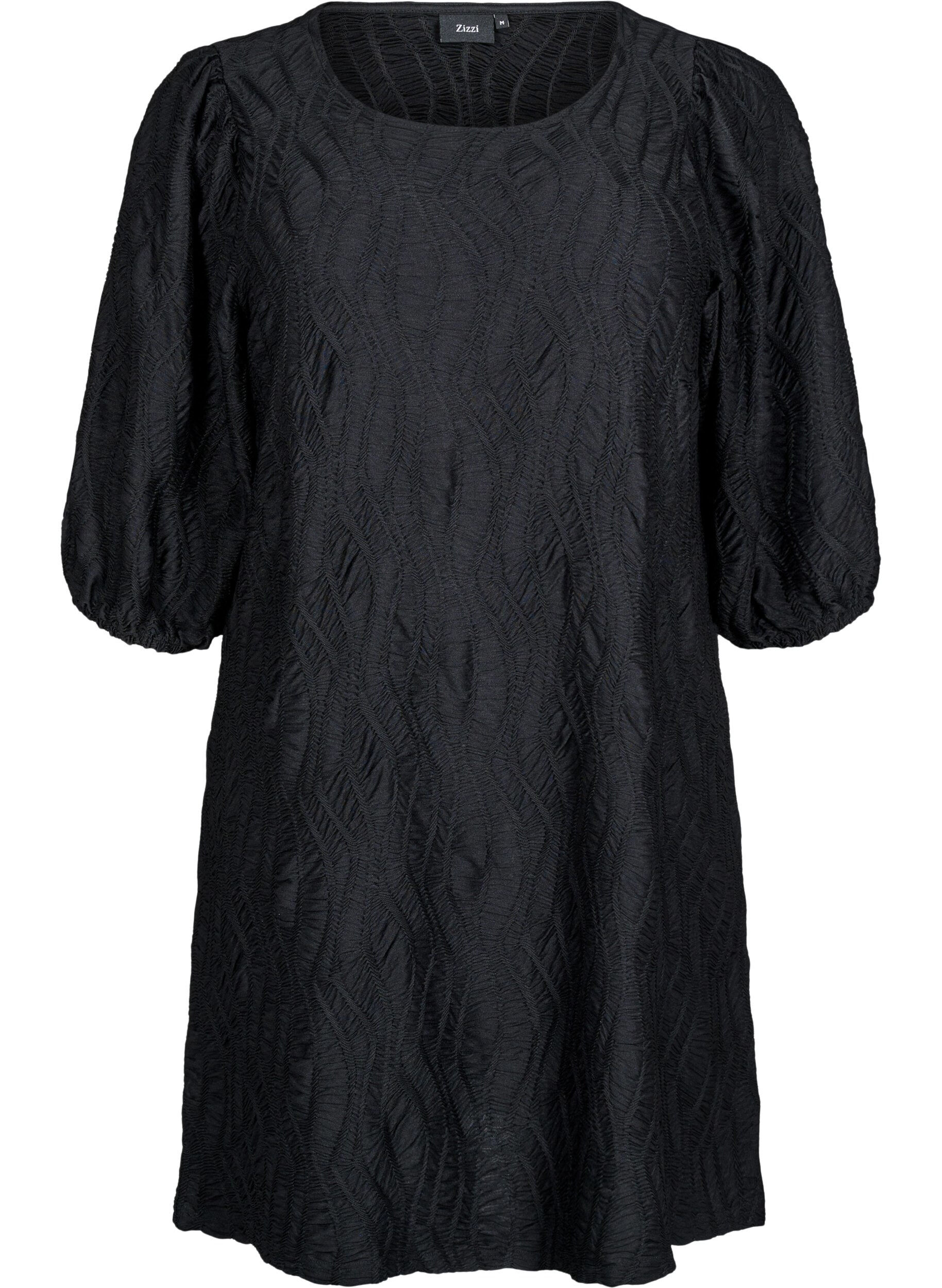 Zizzi Lyhyt mekko tekstuurilla ja 3/4-hihoilla, Musta, Packshot image number 0