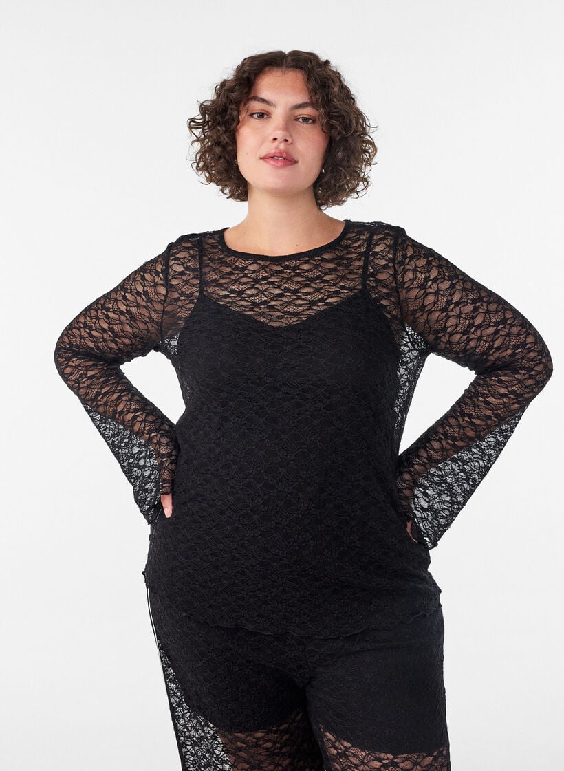 Pitk&auml;hihainen l&auml;pikuultava pitsipusero, Musta, Model image number 0