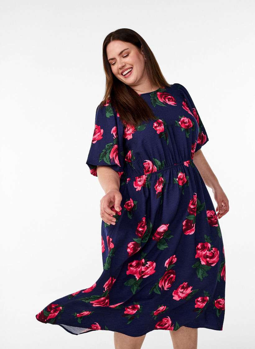 Midimekko ruusukuosilla ja lyhyill&auml; laskostetuilla hihoilla, Sininen, Model image number 3