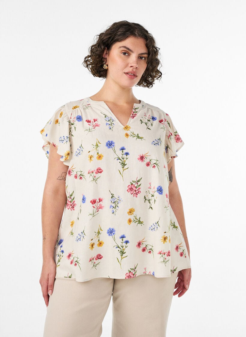 Viskoosi- ja pellavapusero r&ouml;yhel&ouml;hihoilla, Beige, Model image number 0