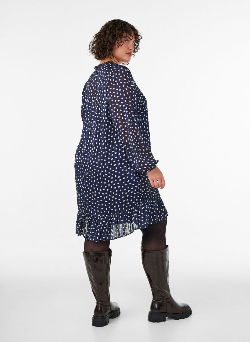Kuviollinen mekko r&ouml;yhel&ouml;ill&auml; ja pitkill&auml; hihoilla, Sininen, Model image number 2