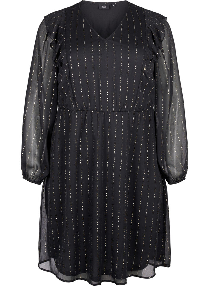 Kuvioitu sifonkimekko röyhelöillä, Black, Packshot image number 0