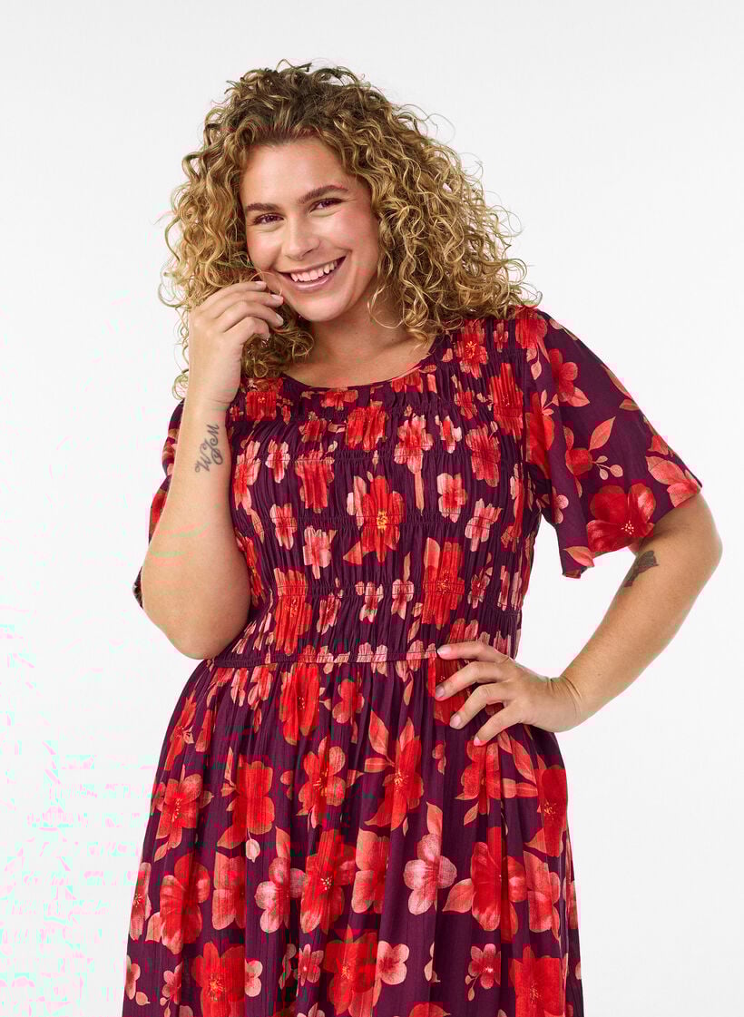 Mekko smokkauksella ja kukkakuviolla, Violetti, Model image number 2