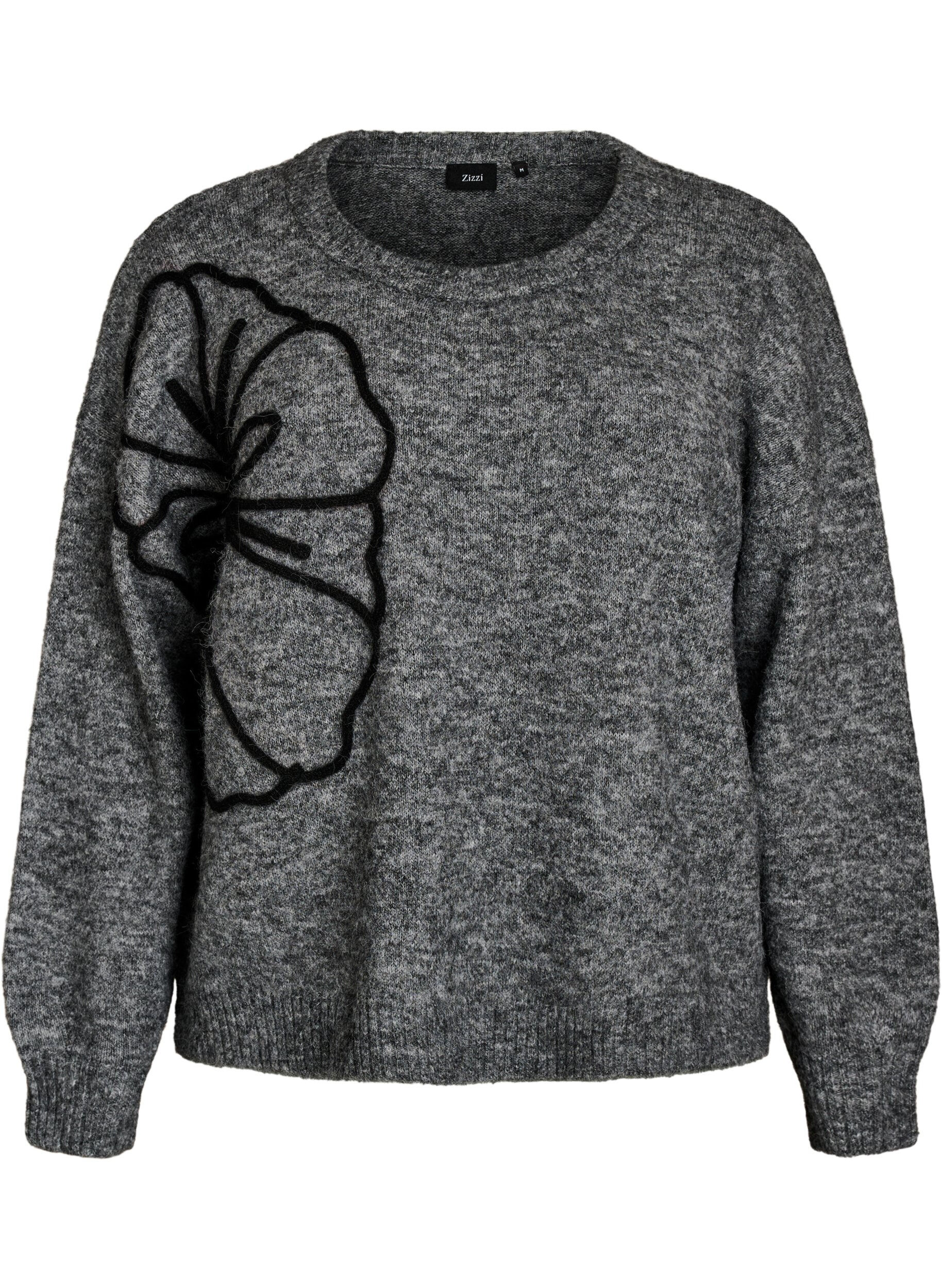 ZizziNeulepusero kukka-applikaatiolla, Harmaa, Packshot image number 0