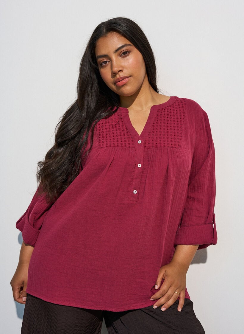 Paita puuvillamusliinissa, jossa broderie anglaise -kirjailu, Punainen, Model image number 0