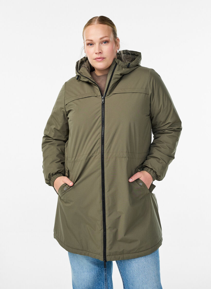 Kevyt topattu parka hupulla, Vihre&auml;, Model image number 0