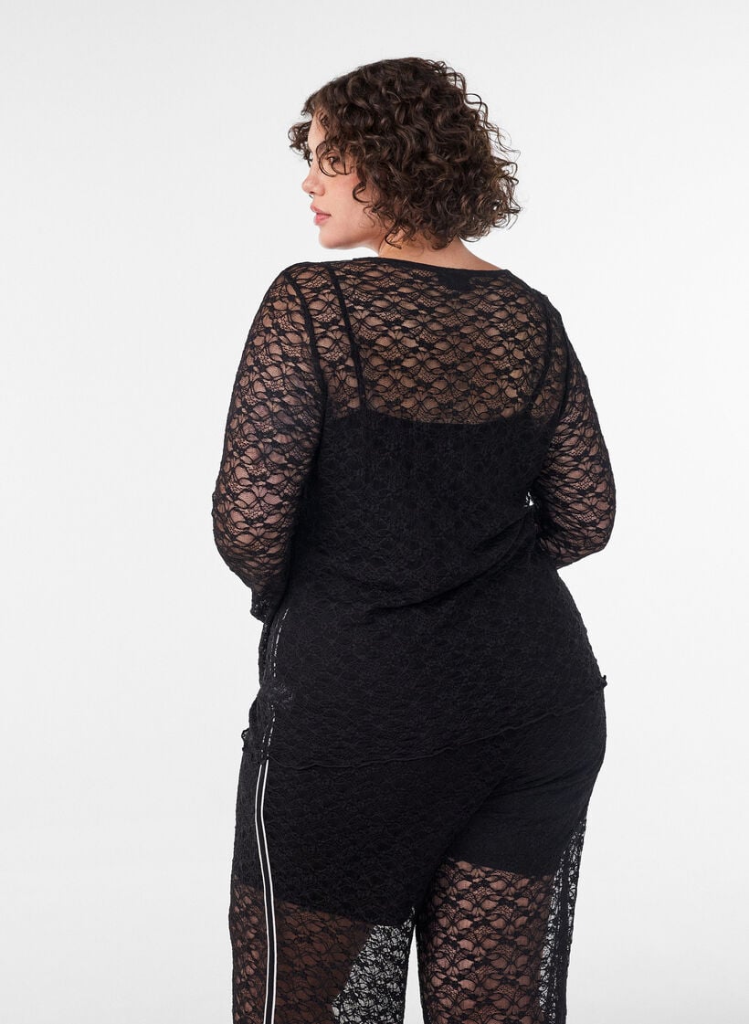 Pitk&auml;hihainen l&auml;pikuultava pitsipusero, Musta, Model image number 2