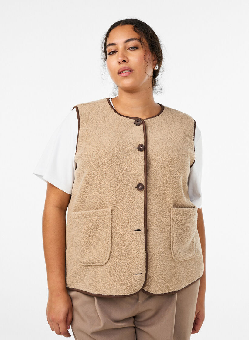 Teddykankainen liivi kontrastireunuksilla, Beige, Model image number 0
