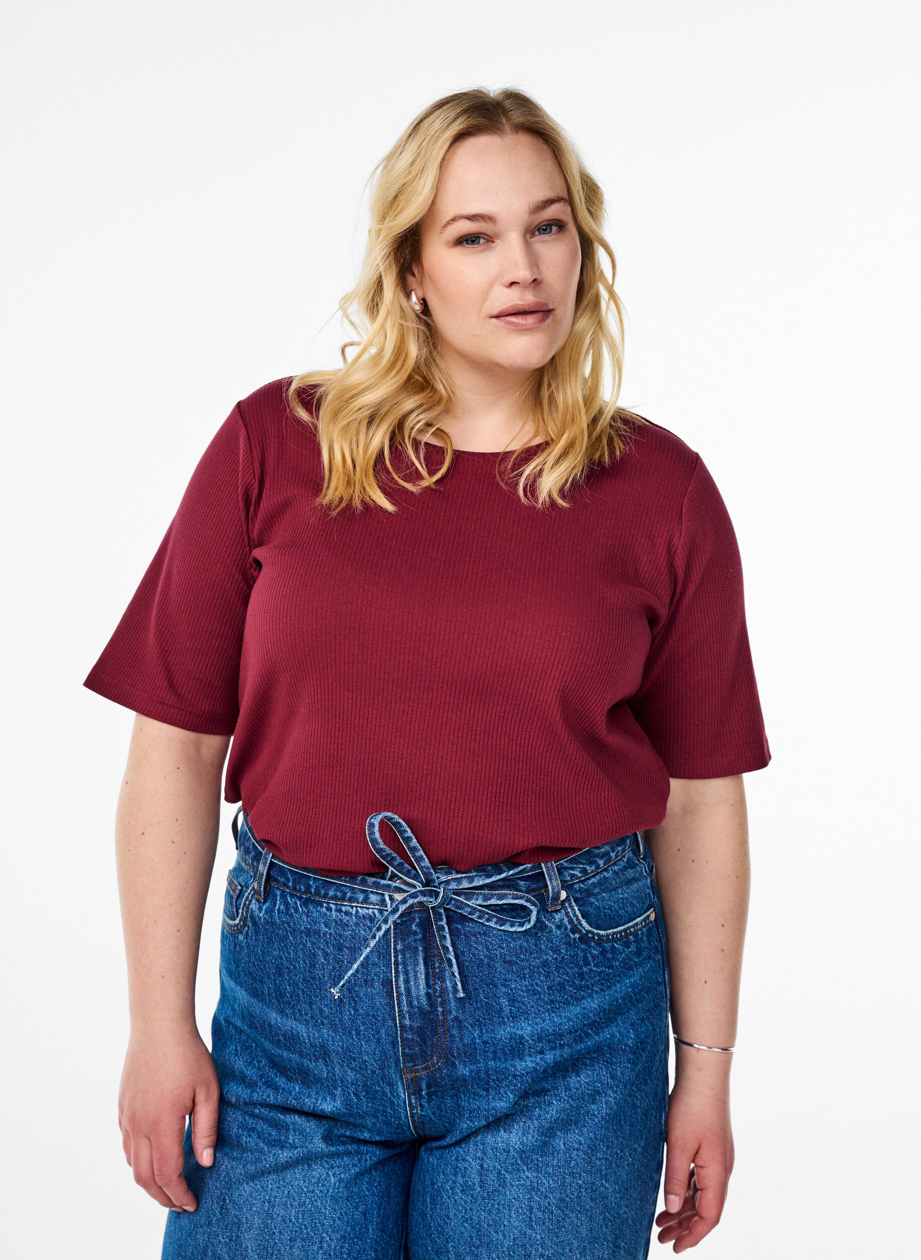 ZizziRibattu jerseypusero, jossa on lyhyet hihat, Tumma Bordeaux, Model image number 0
