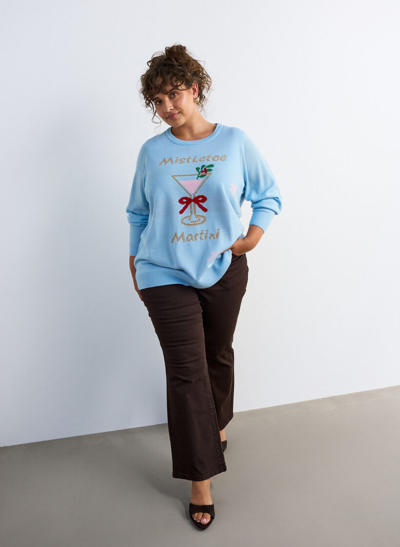 Neulottu pusero jouluaiheisella kuviolla, Sininen, Model image number 1