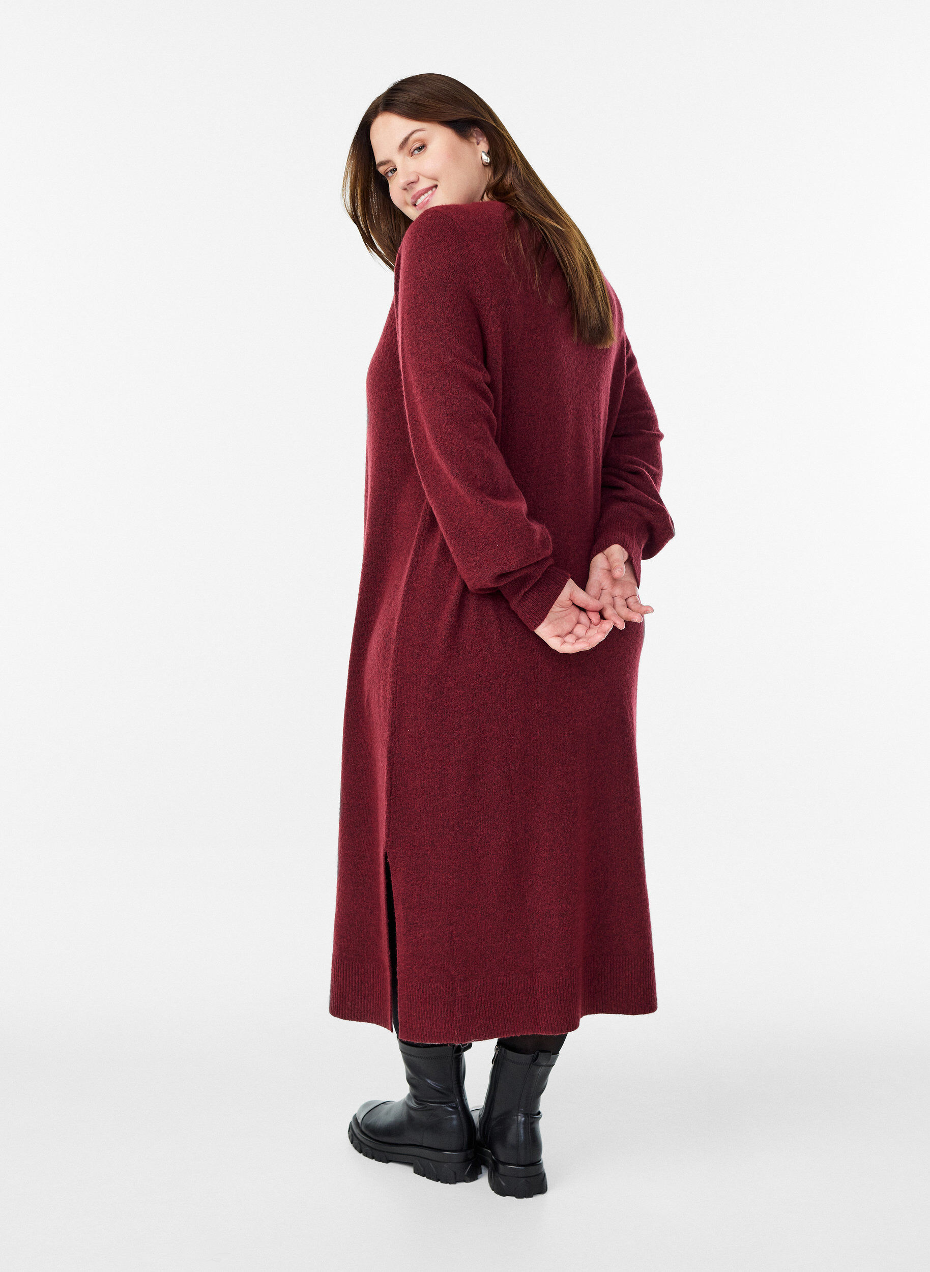 ZizziPitk&auml;hihainen neulemekko V-p&auml;&auml;ntiell&auml;, Punainen, Model image number 1