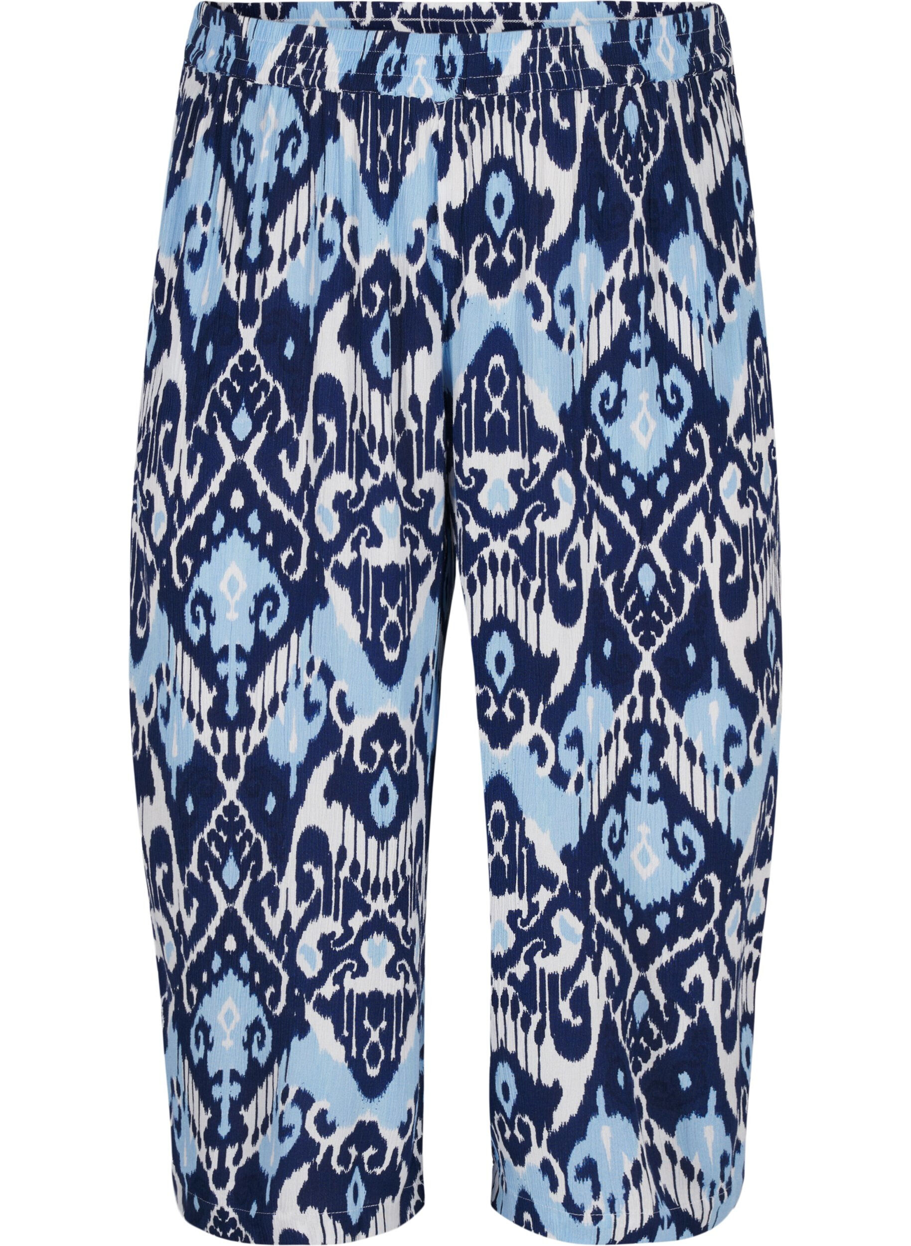 Zizzi Culotte-housut viskoosia painatuksella, Blue Ethnic AOP, Packshot image number 0