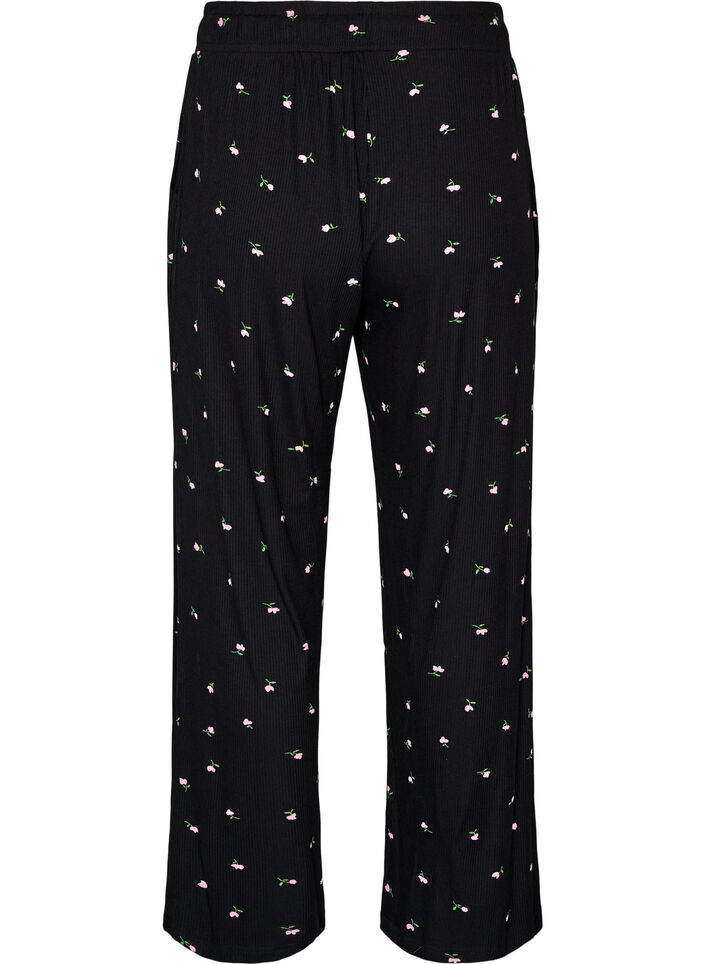 Pyjamahousut ribatulla tekstuurilla ja kukkakuviolla, Musta, Packshot image number 1