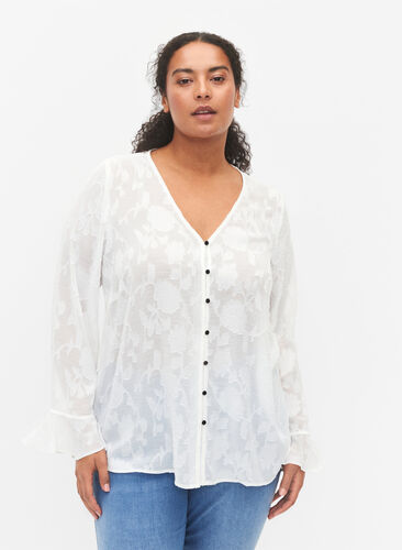 Pitkähihainen paita jacquard-kankaalla, Bright White, Model image number 0
