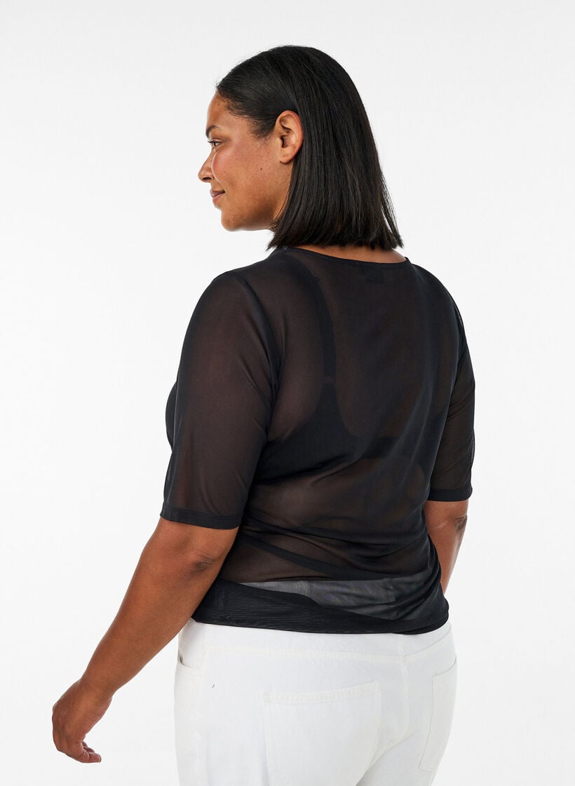Verkkotoppi lyhyill&auml; hihoilla ja py&ouml;re&auml;ll&auml; p&auml;&auml;ntiell&auml;, Musta, Model image number 1