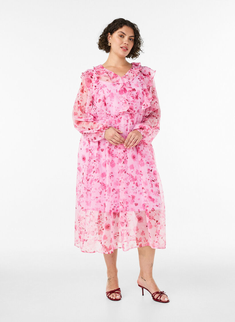 Kukallinen sifonkimekko r&ouml;yhel&ouml;ill&auml; ja pitkill&auml; hihoilla, Vaaleanpunainen, Model image number 0