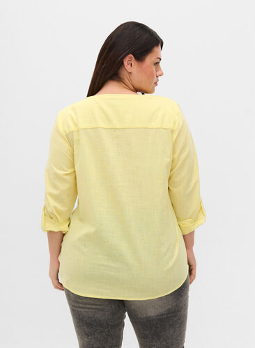 Puuvillainen paitapusero v-aukolla, Yellow, Model image number 1