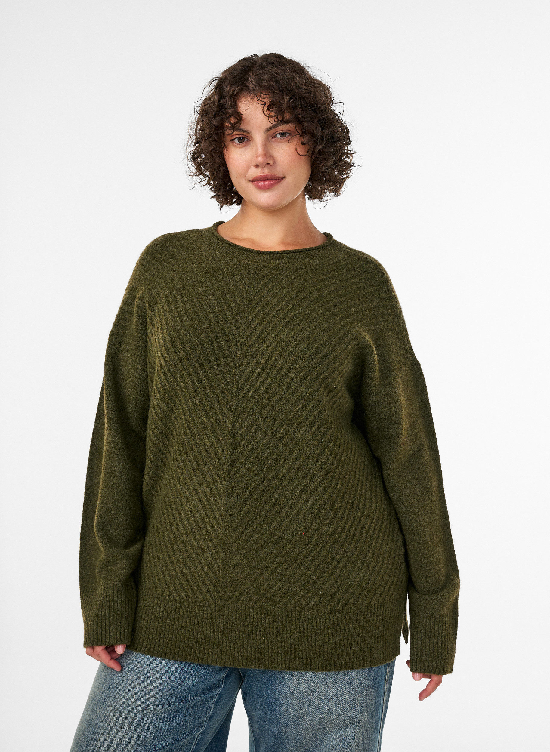 ZizziNeulepusero, jossa V-muotoinen ribikuvio ja halkiot, Vihre&auml;, Model image number 0