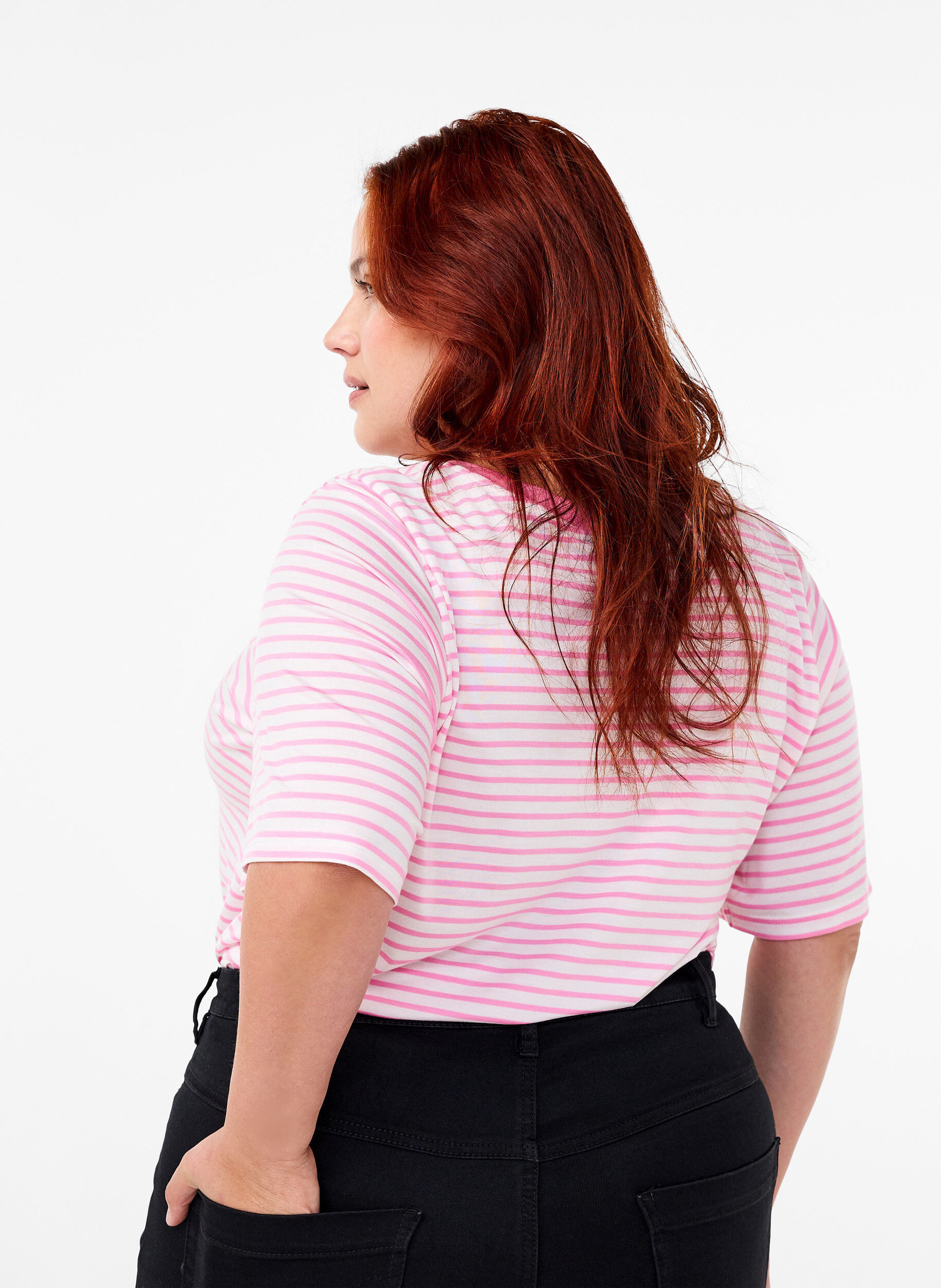 Zizzi Raidallinen t-paita lyocellia, jossa on py&ouml;re&auml; p&auml;&auml;ntie, Punainen, Model image number 2