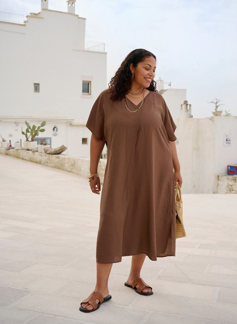 Viskoosimekko, jossa on V-pääntie, Ruskea, Image image number 0