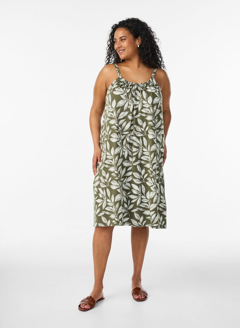 Midipituinen olkainmekko luomupuuvillaa, Vihre&auml;, Model image number 1