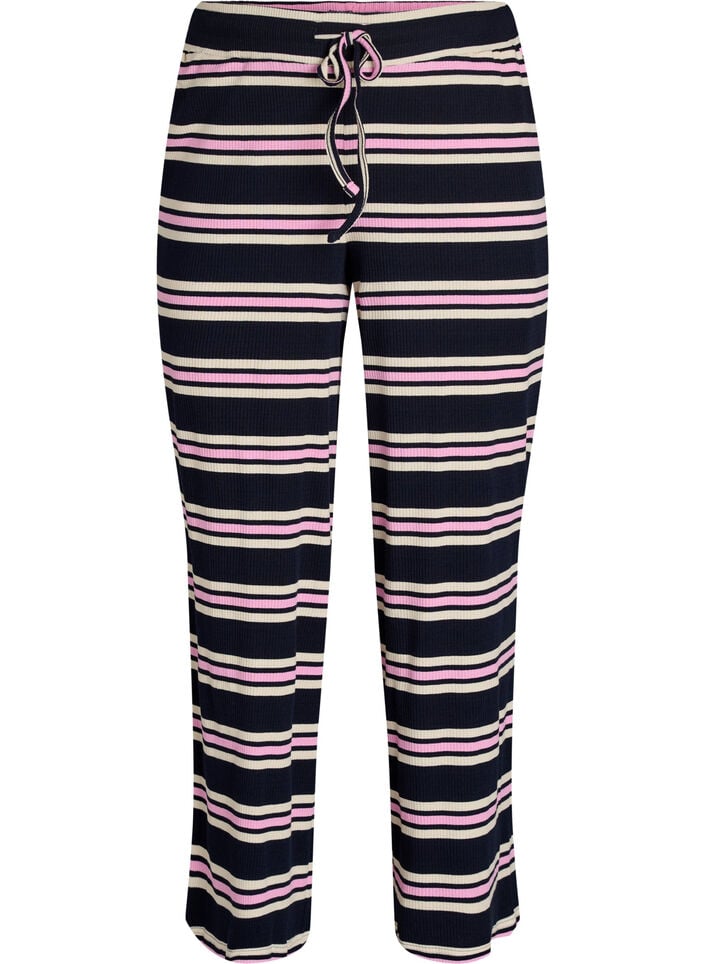 Raidalliset pyjamahousut leveill&auml; lahkeilla, Sininen, Packshot image number 0