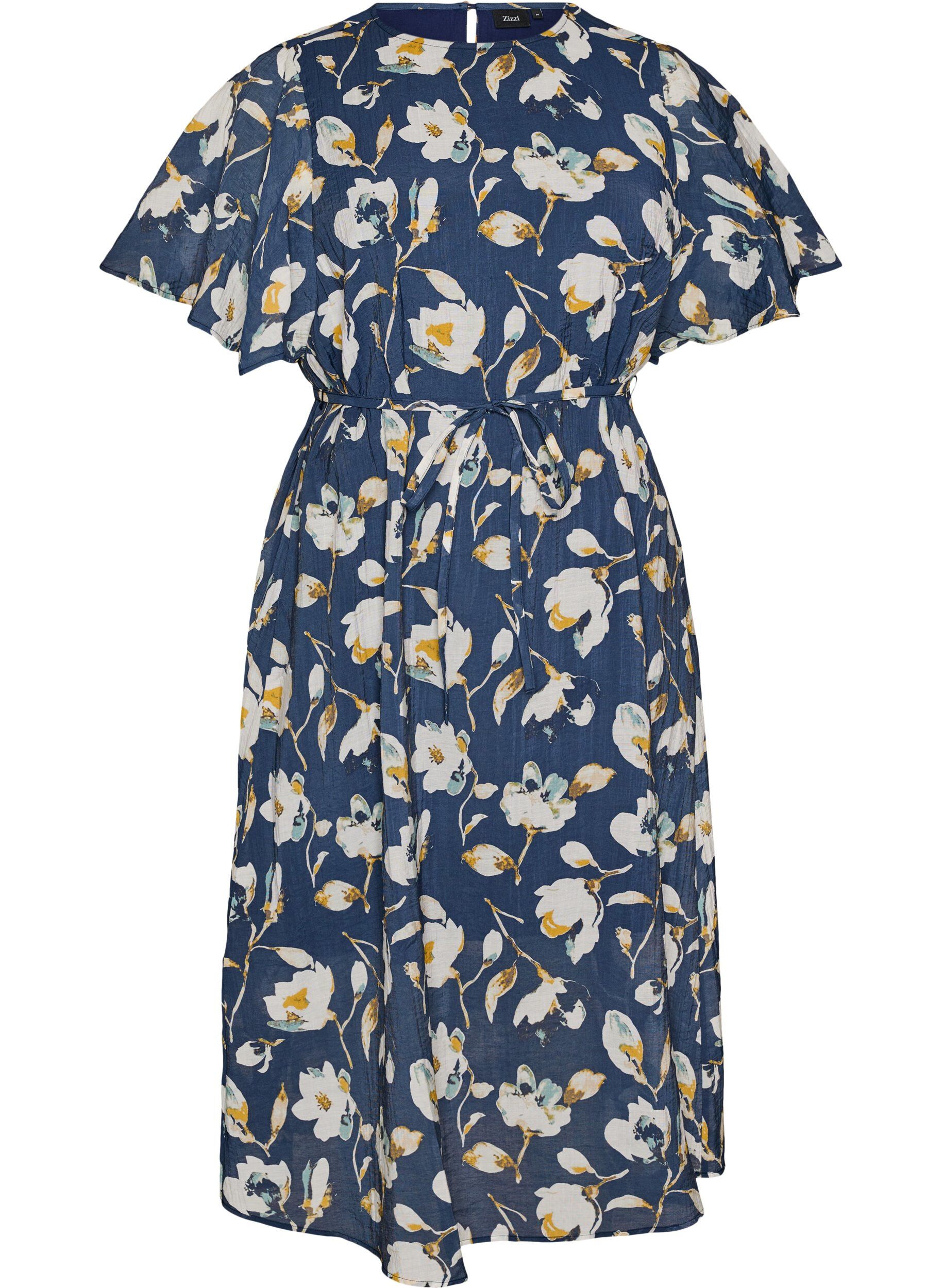 ZizziNilkkapituinen mekko, jossa on hulmuavat hihat ja solmittava vy&ouml;t&auml;r&ouml;, Sininen, Packshot image number 0