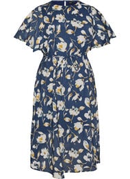 Nilkkapituinen mekko, jossa on hulmuavat hihat ja solmittava vy&ouml;t&auml;r&ouml;, Sininen